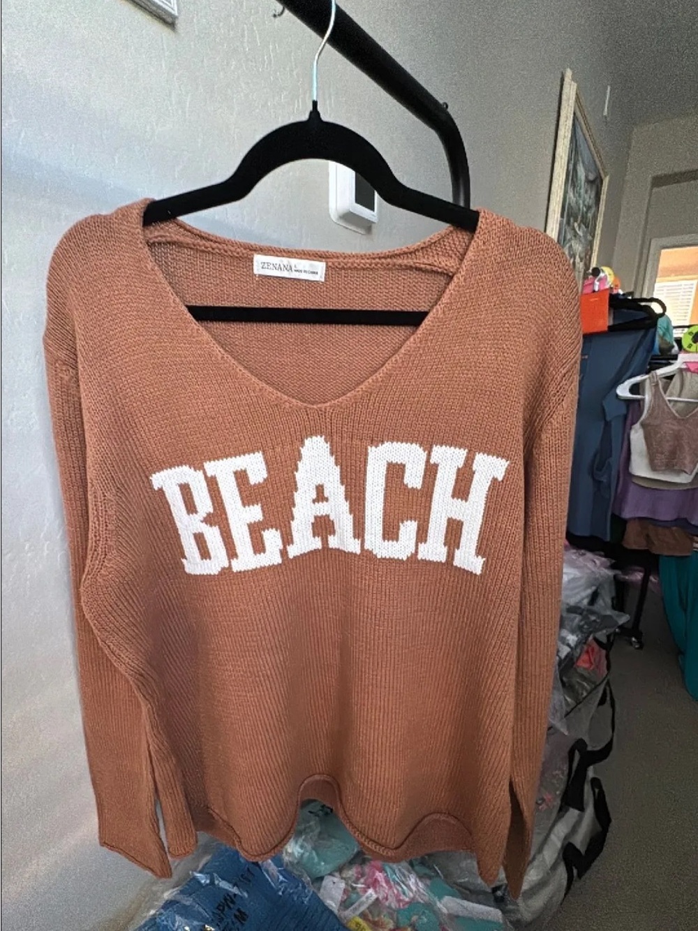 Zenana Outfitters Rust V-Neck 'BEACH' Knit Sweater